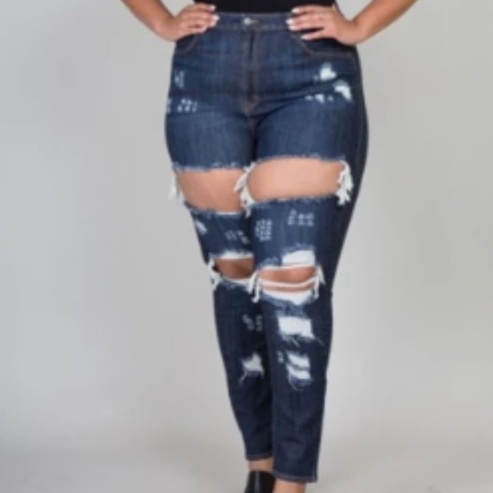 Women's Blue Ripped Patchwork High Rise Skinny Denim Jeans